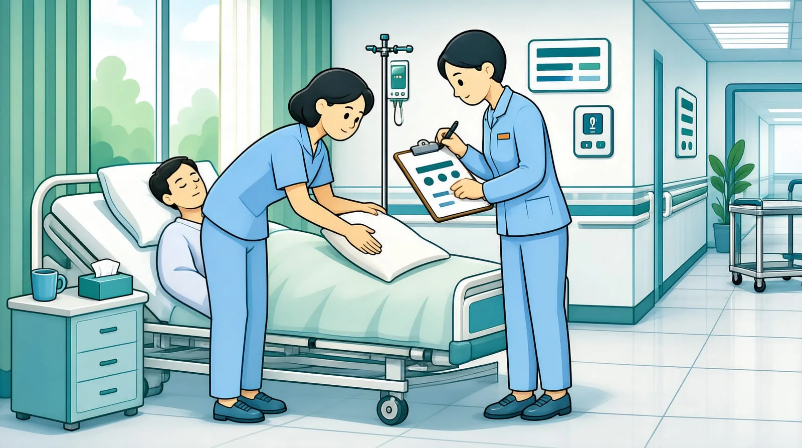 病房里护工俯身帮卧床患者整理靠枕，主管手持记录板在旁记录